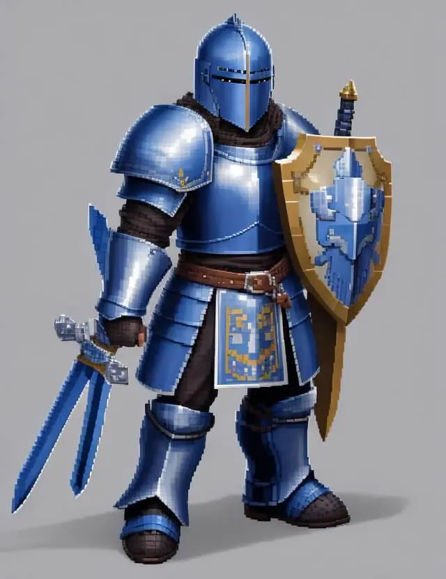AI Pixel Art generated by Stable Diffusion for the following text prompt: "8-bit sprite of a knight with blue armor wielding a sword and shield".