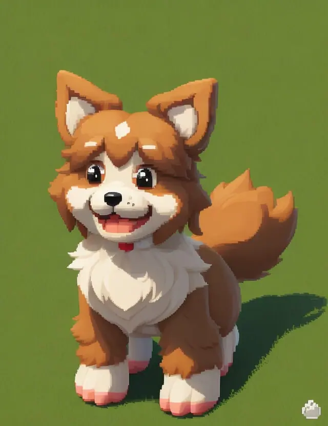 AI Pixel Art generated by Stable Diffusion for the following text prompt: "Cute pixel art dog with fluffy fur, floppy ears, happy expression, standing on green grass".