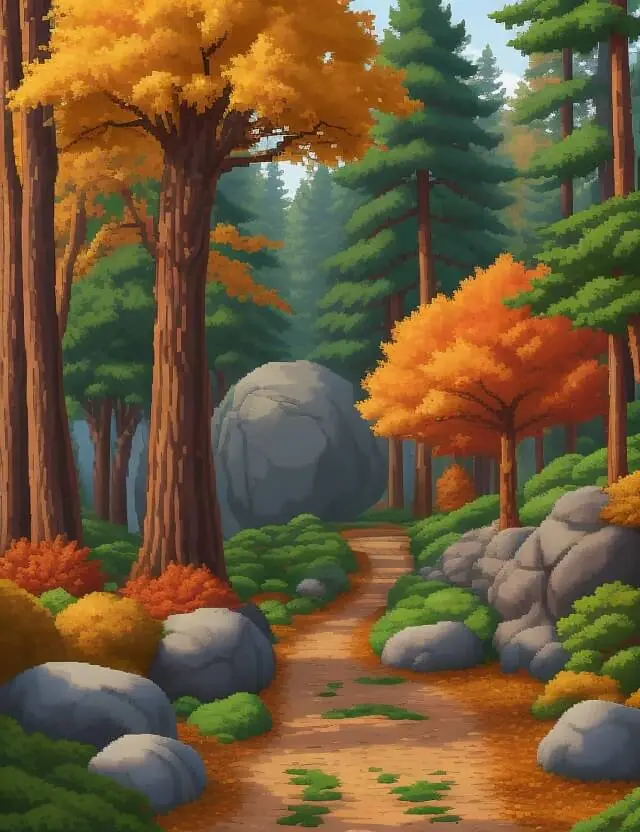 AI Pixel Art generated by Stable Diffusion for the following text prompt: "Pixel art forest landscape with tall pine trees, boulders, and a winding path in autumn colors".