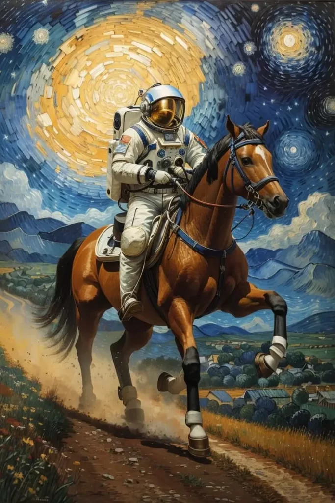AI Image/Art generated by Stable Diffusion for the following prompt: "oil painting by Van Gogh of an astronaut riding a horse through a starry landscape, detailed background, high-quality".