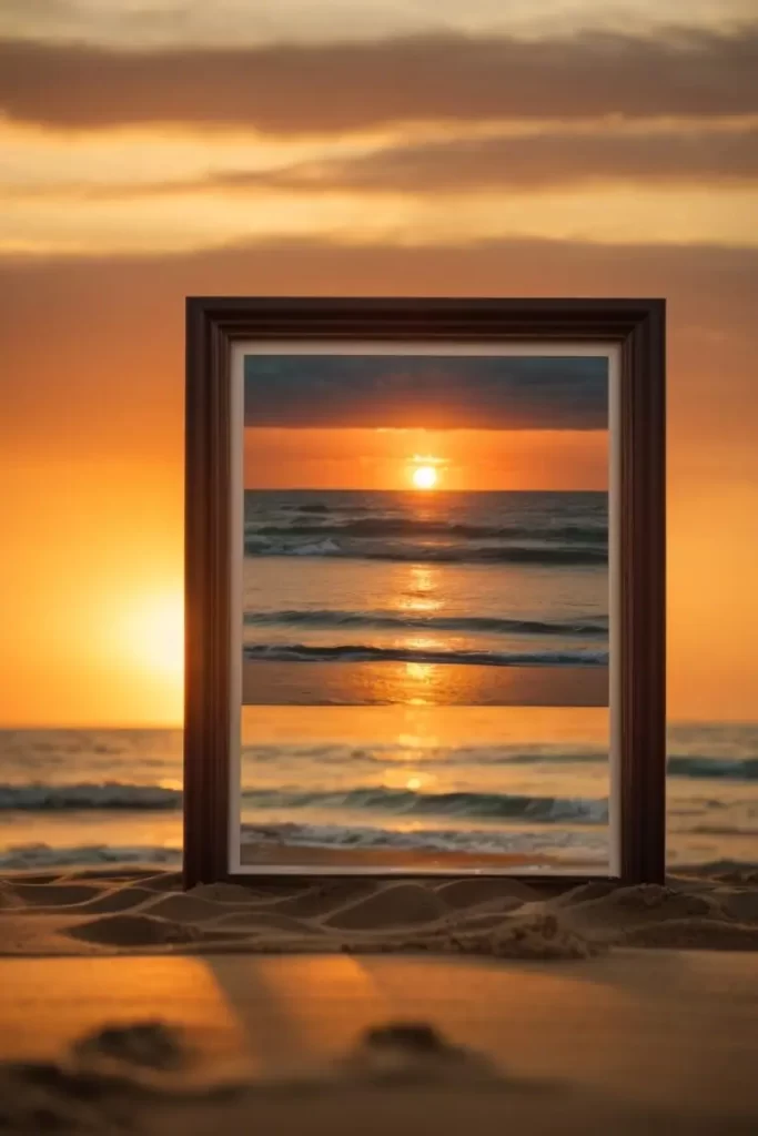 AI Photorealistic Image/Art generated by Stable Diffusion for the text prompt: "A beautifully framed photo of a sunset on the beach shot with a telephoto lens".