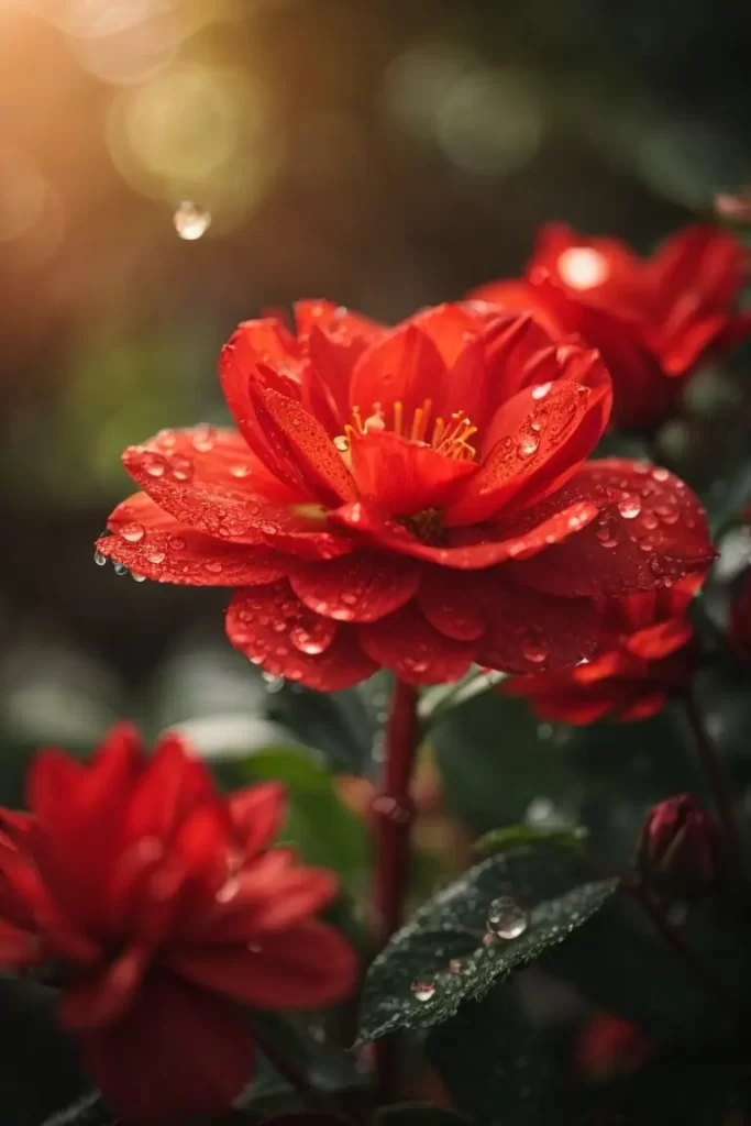AI Photorealistic Image/Art generated by Stable Diffusion for the text prompt: "A close-up photo of a red flower with water droplets capturing the morning light, soft bokeh background".