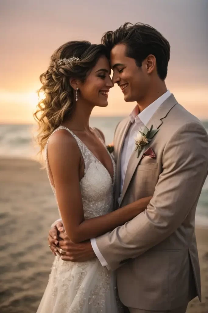 AI Photorealistic Image/Art generated by Stable Diffusion for the text prompt: "A photo of a bride and groom smiling and embracing on the beach at sunset".