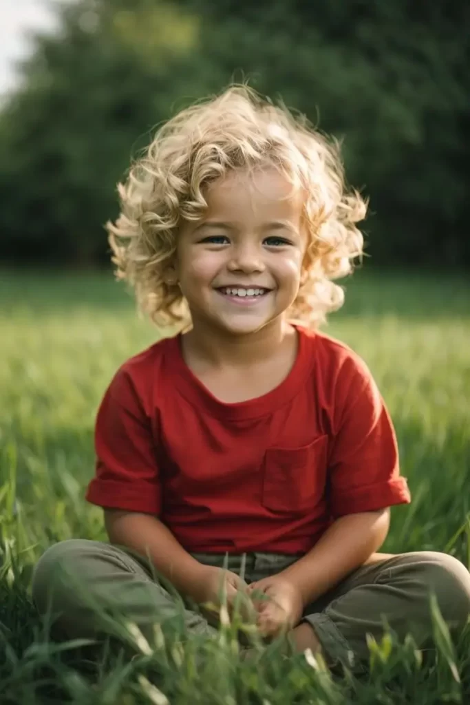 AI Photorealistic Image/Art generated by Stable Diffusion for the text prompt: "A photo of a smiling toddler with curly blonde hair wearing a red shirt sitting in a field of green grass on a sunny day".