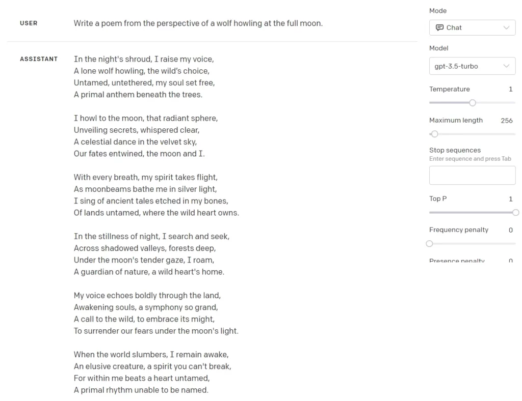 Screenshot of the OpenAI's Playground (Model gpt-3.5-turbo) Response for the following text prompt: "Write a poem from the perspective of a wolf howling at the full moon".