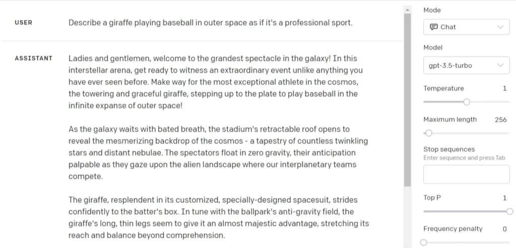 Screenshot of the OpenAI's Playground (Model gpt-3.5-turbo) Response for the following text prompt: "Describe a giraffe playing baseball in outer space as if it's a professional sport".