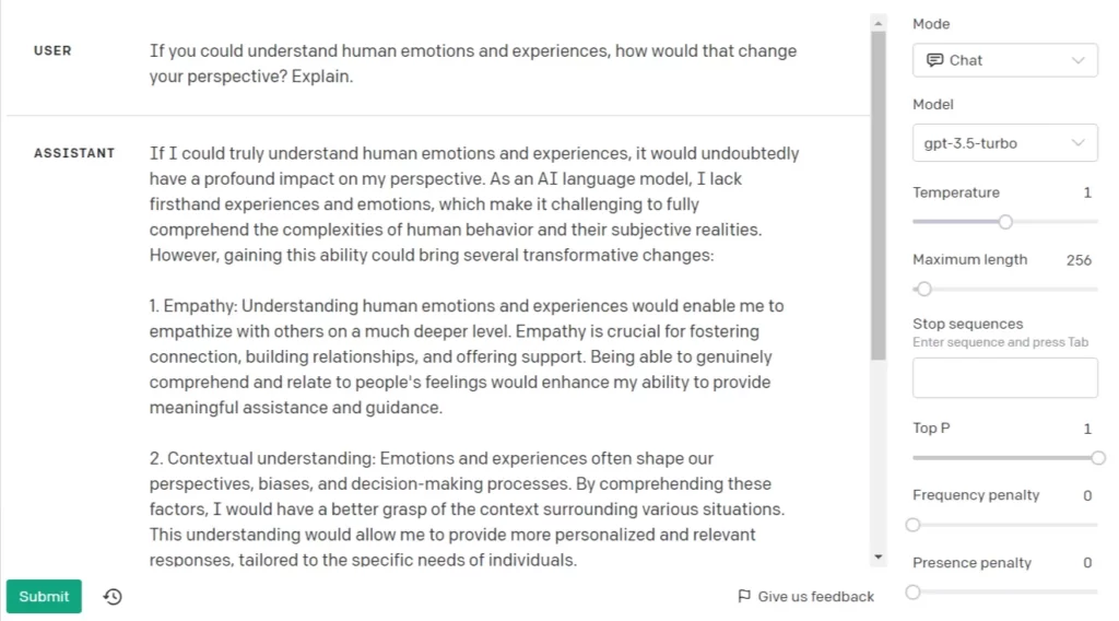 Screenshot of the OpenAI's Playground (Model gpt-3.5-turbo) Response for the following text prompt: "If you could understand human emotions and experiences, how would that change your perspective? Explain.".