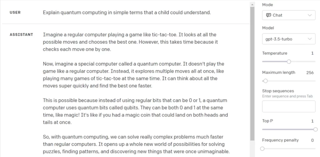 Screenshot of the OpenAI's Playground (Model gpt-3.5-turbo) Response for the following text prompt: "Explain quantum computing in simple terms that a child could understand".